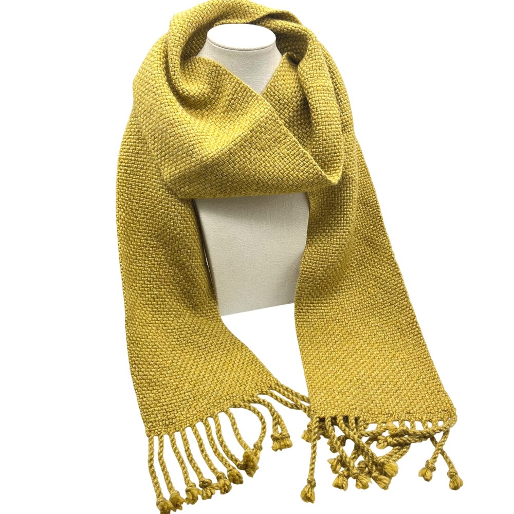 Hand Woven Mustard Yellow Basketweave Scarf with Twisted Fringe Tassels